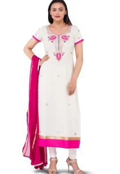 Embroidered Chanderi Cotton Straight Suit in Off White