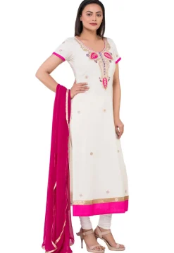 Embroidered Chanderi Cotton Straight Suit in Off White