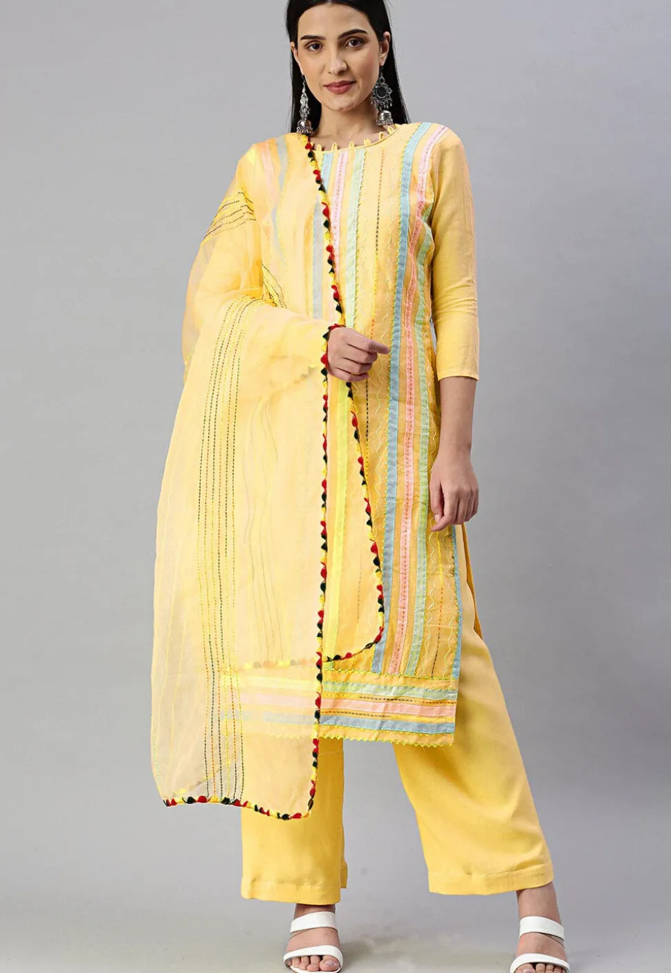Embroidered Chanderi Cotton Pakistani Suit in Yellow