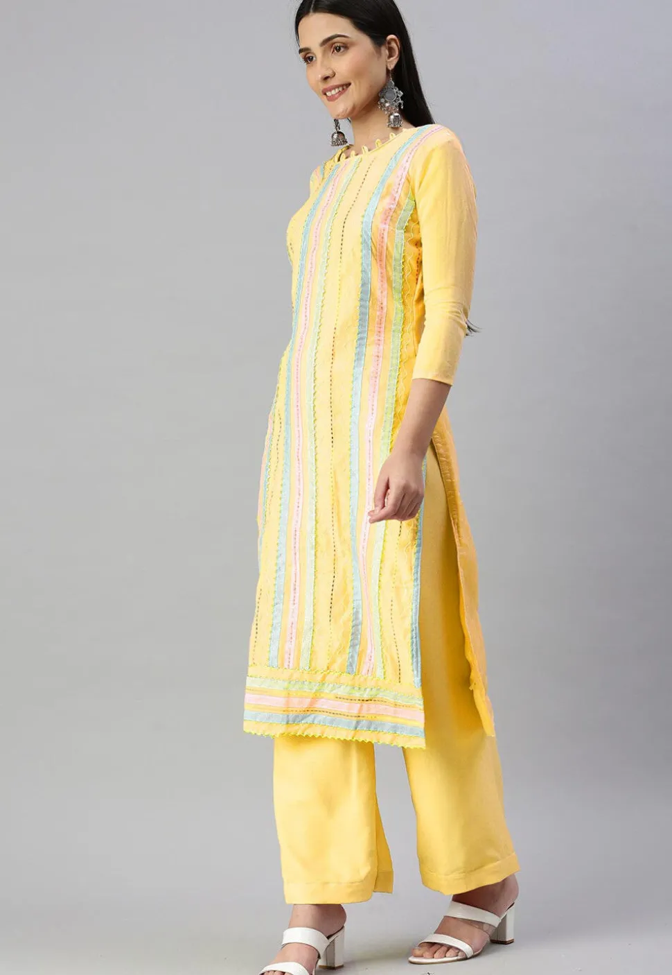 Embroidered Chanderi Cotton Pakistani Suit in Yellow