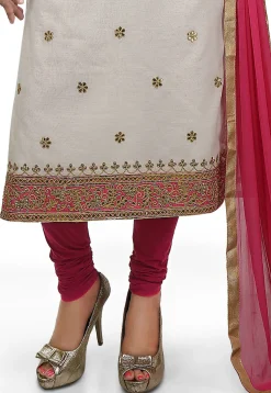 Embroidered Chanderi Cotton Straight Suit in Off White