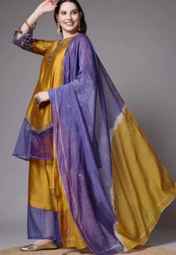 Embroidered Chanderi Cotton and Organza Pakistani Suit in Mustard