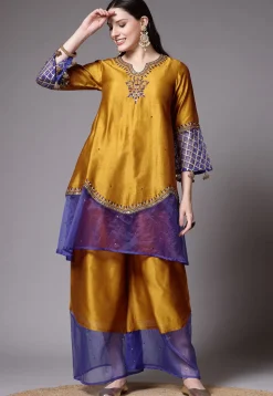 Embroidered Chanderi Cotton and Organza Pakistani Suit in Mustard