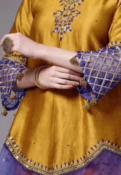 Embroidered Chanderi Cotton and Organza Pakistani Suit in Mustard