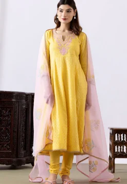 Embroidered Chanderi Cotton Anarkali Suit in Yellow