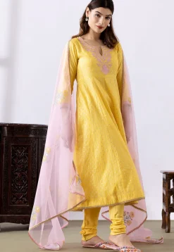 Embroidered Chanderi Cotton Anarkali Suit in Yellow