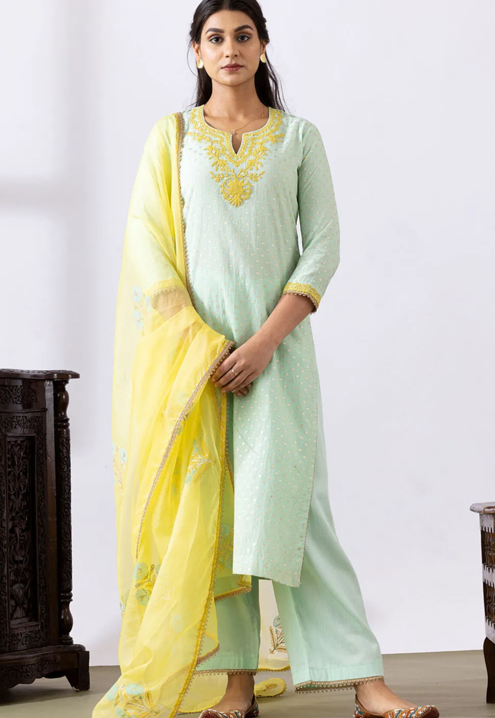 Embroidered Chanderi Cotton Pakistani Suit in Pastel Green