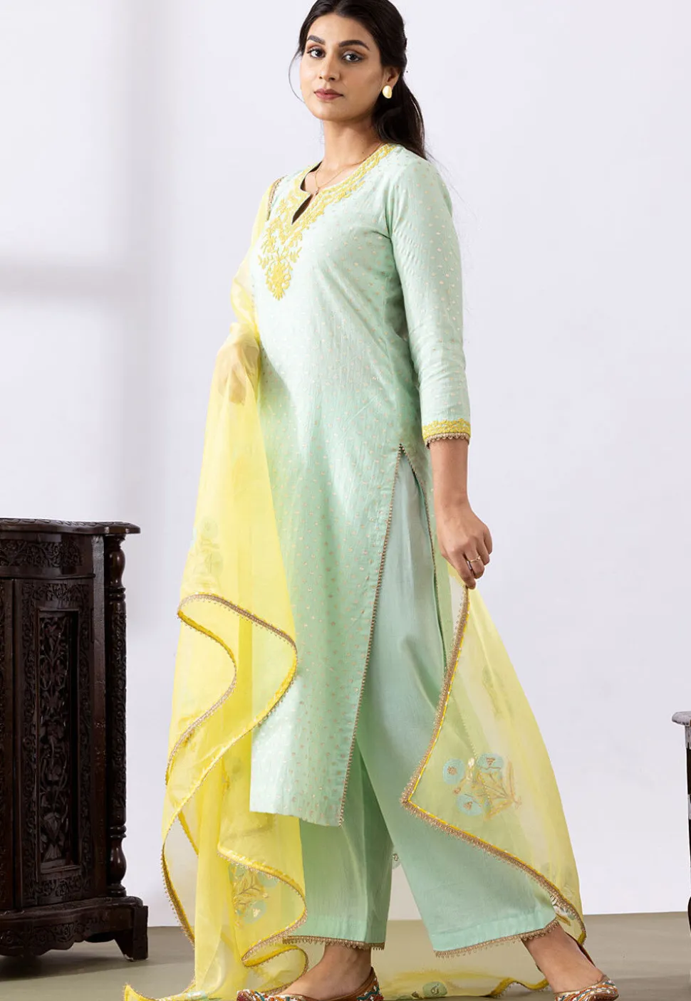 Embroidered Chanderi Cotton Pakistani Suit in Pastel Green