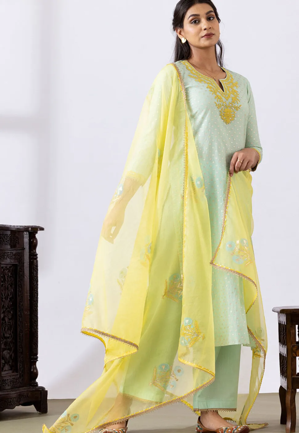 Embroidered Chanderi Cotton Pakistani Suit in Pastel Green