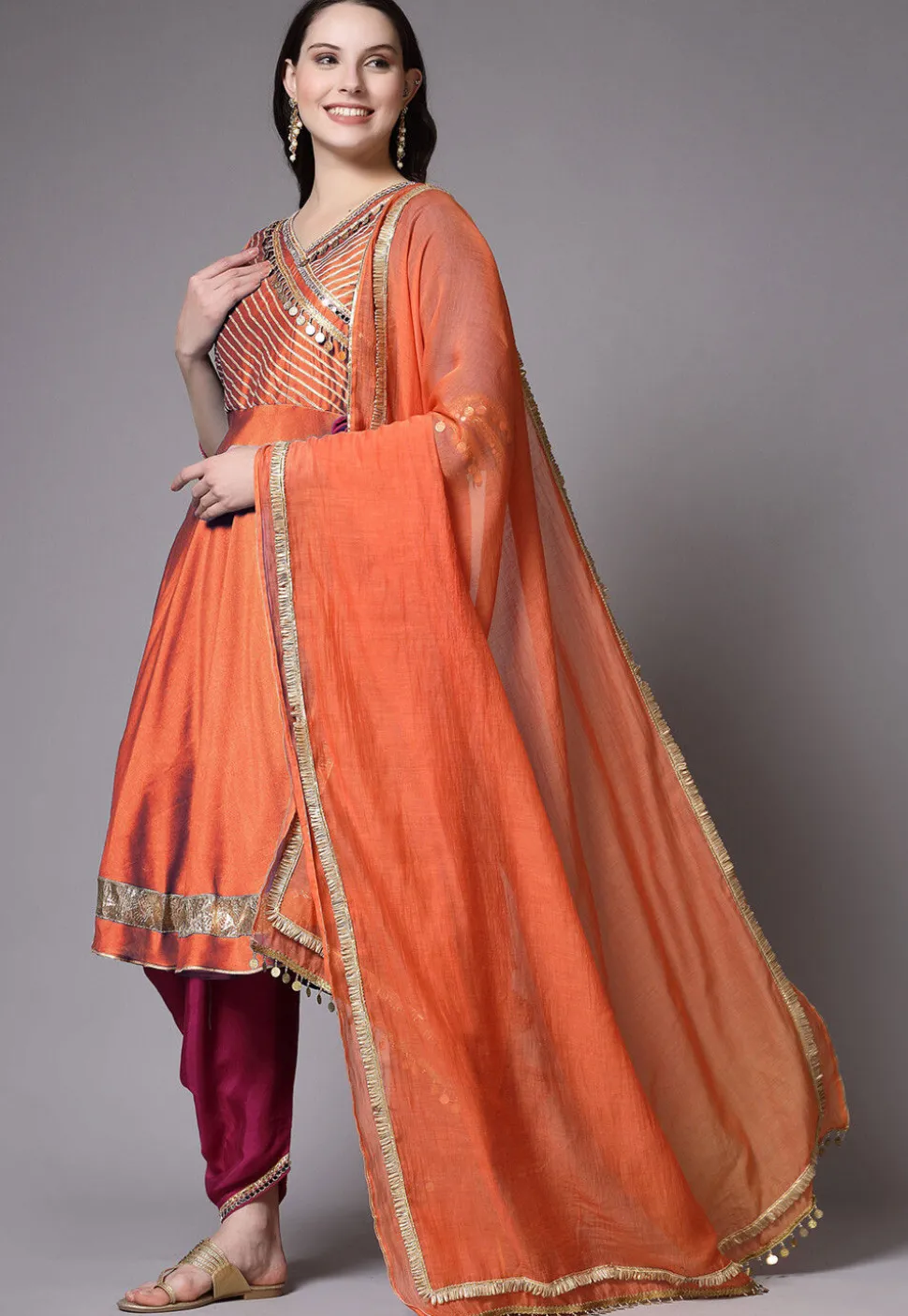 Embroidered Chanderi Cotton Aline Suit in Orange