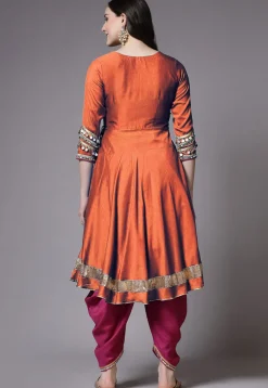 Embroidered Chanderi Cotton Aline Suit in Orange