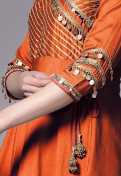 Embroidered Chanderi Cotton Aline Suit in Orange
