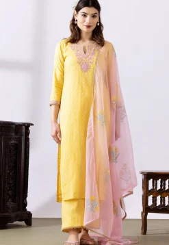 Embroidered Chanderi Cotton Pakistani Suit in Yellow