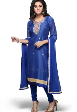 Embroidered Chanderi Cotton Straight Cut Suit In Blue