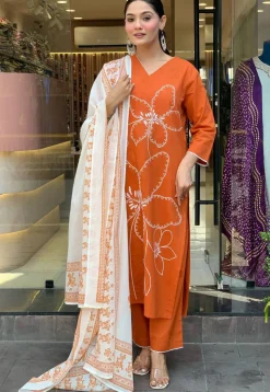 Embroidered Chanderi Cotton Pakistani Suit in Orange