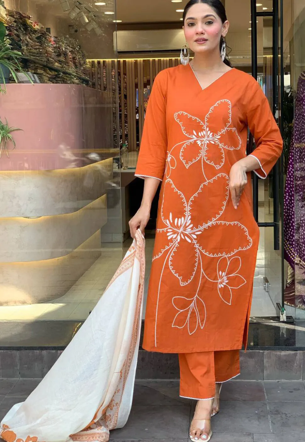 Embroidered Chanderi Cotton Pakistani Suit in Orange