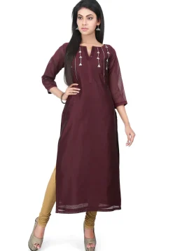 Embroidered Chanderi Cotton Long Kurta in Wine