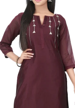 Embroidered Chanderi Cotton Long Kurta in Wine