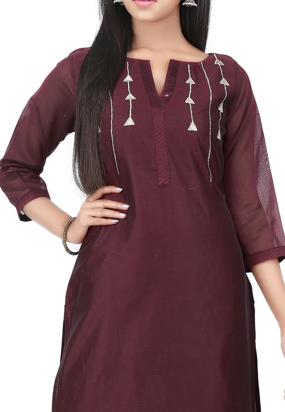 Embroidered Chanderi Cotton Long Kurta in Wine