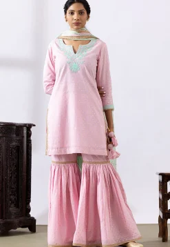 Embroidered Chanderi Cotton Pakistani Suit in Light Pink