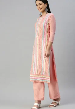Embroidered Chanderi Cotton Pakistani Suit in Peach