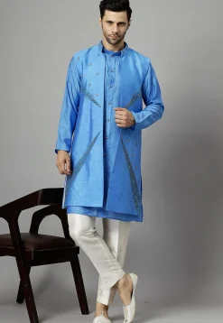 Embroidered Chanderi Cotton Kurta Set in Blue