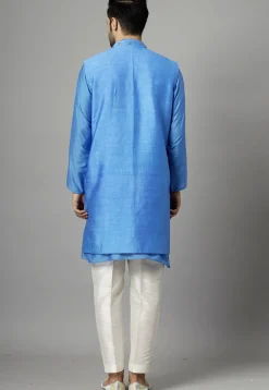 Embroidered Chanderi Cotton Kurta Set in Blue
