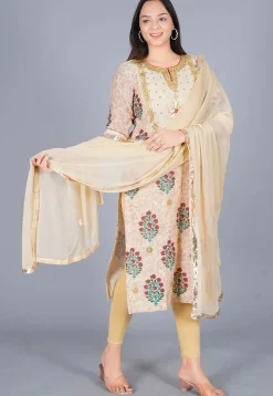 Embroidered Chanderi Cotton Straight Suit in off White