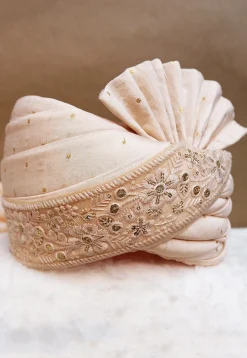 Embroidered Chanderi Cotton Jacquard Turban in Peach