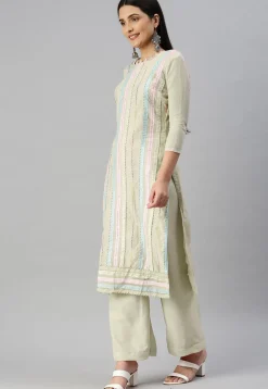 Embroidered Chanderi Cotton Pakistani Suit in Light Beige