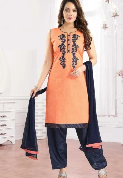 Embroidered Chanderi Cotton Punjabi Suit in Orange