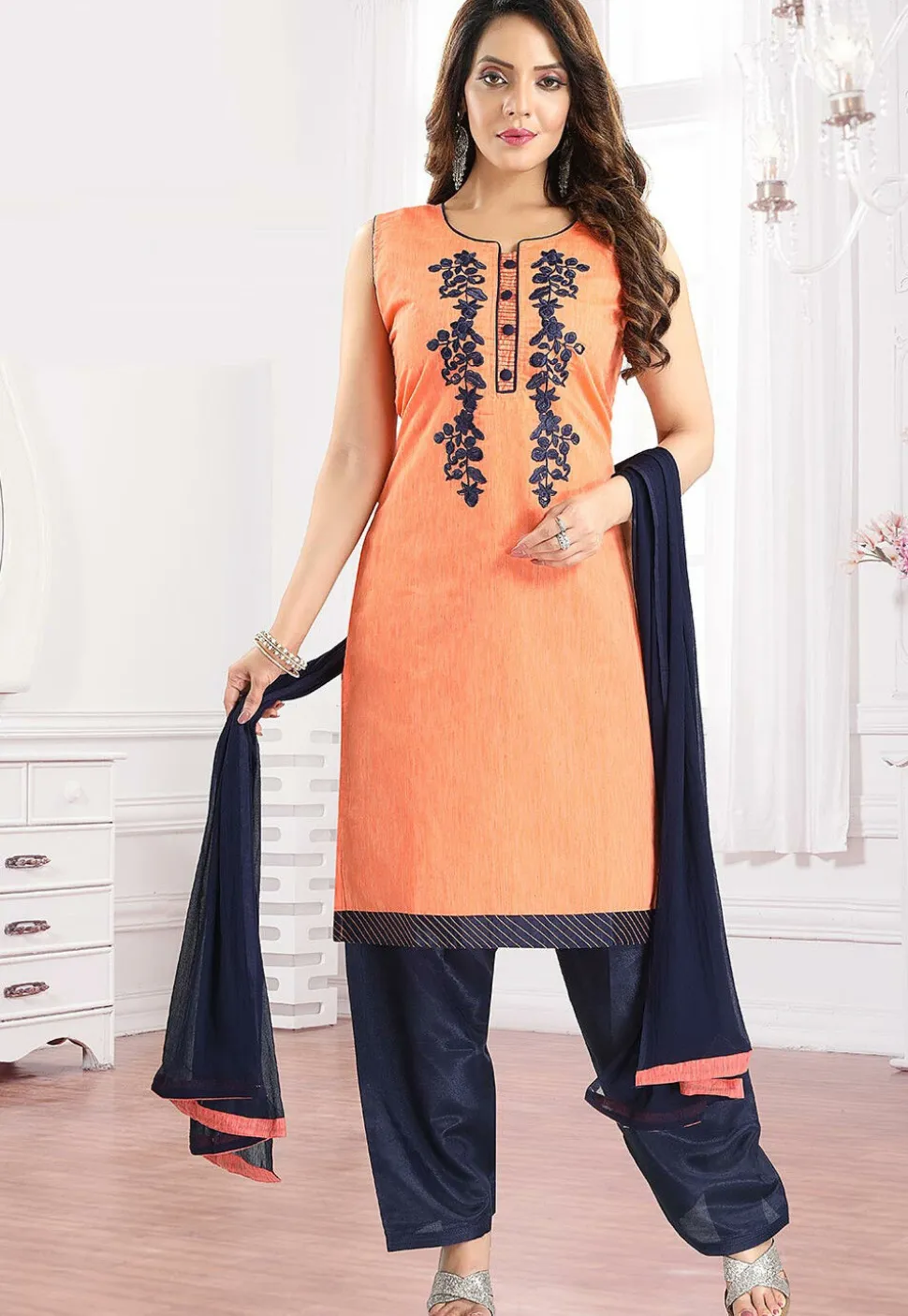 Embroidered Chanderi Cotton Punjabi Suit in Orange