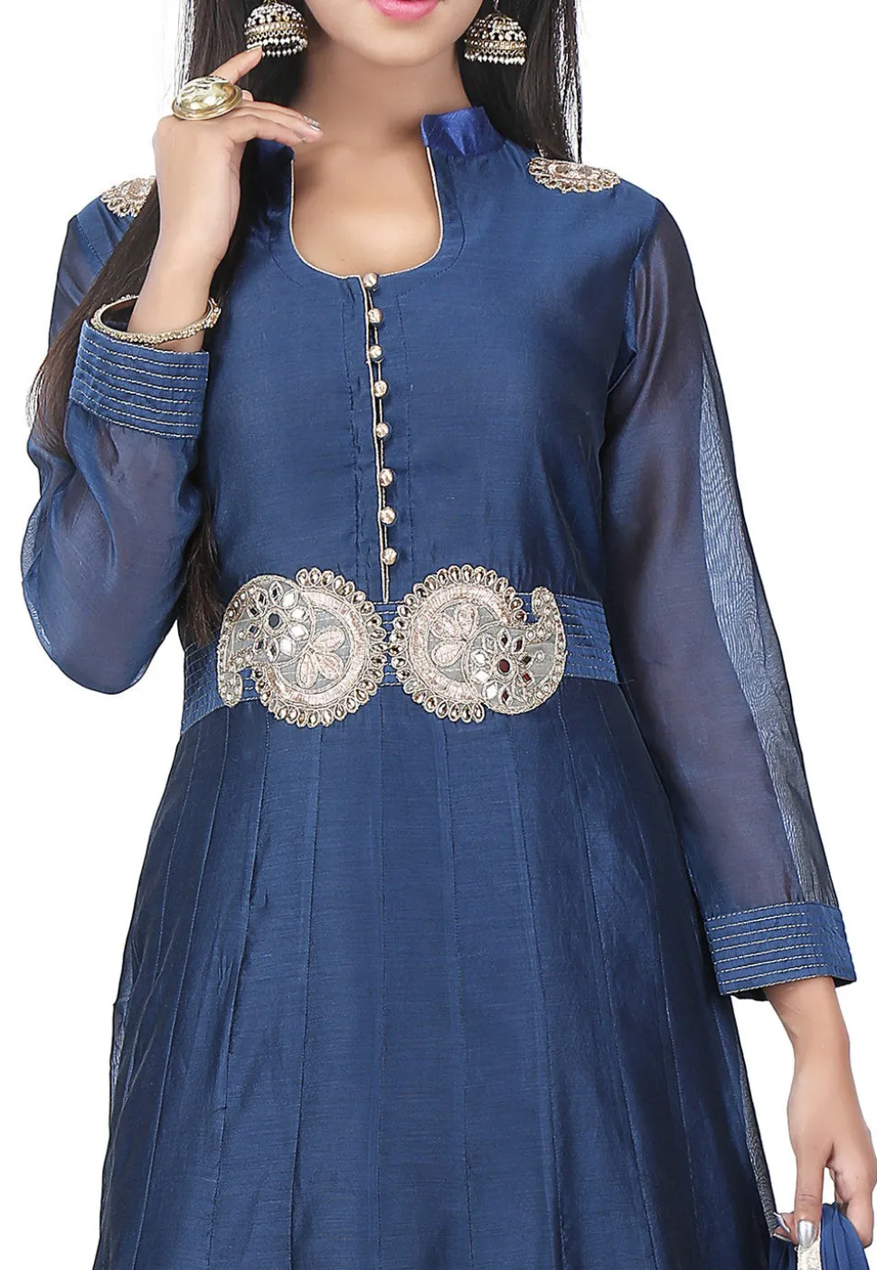 Embroidered Chanderi Cotton Anarkali Suit in Dark Blue