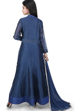 Embroidered Chanderi Cotton Anarkali Suit in Dark Blue