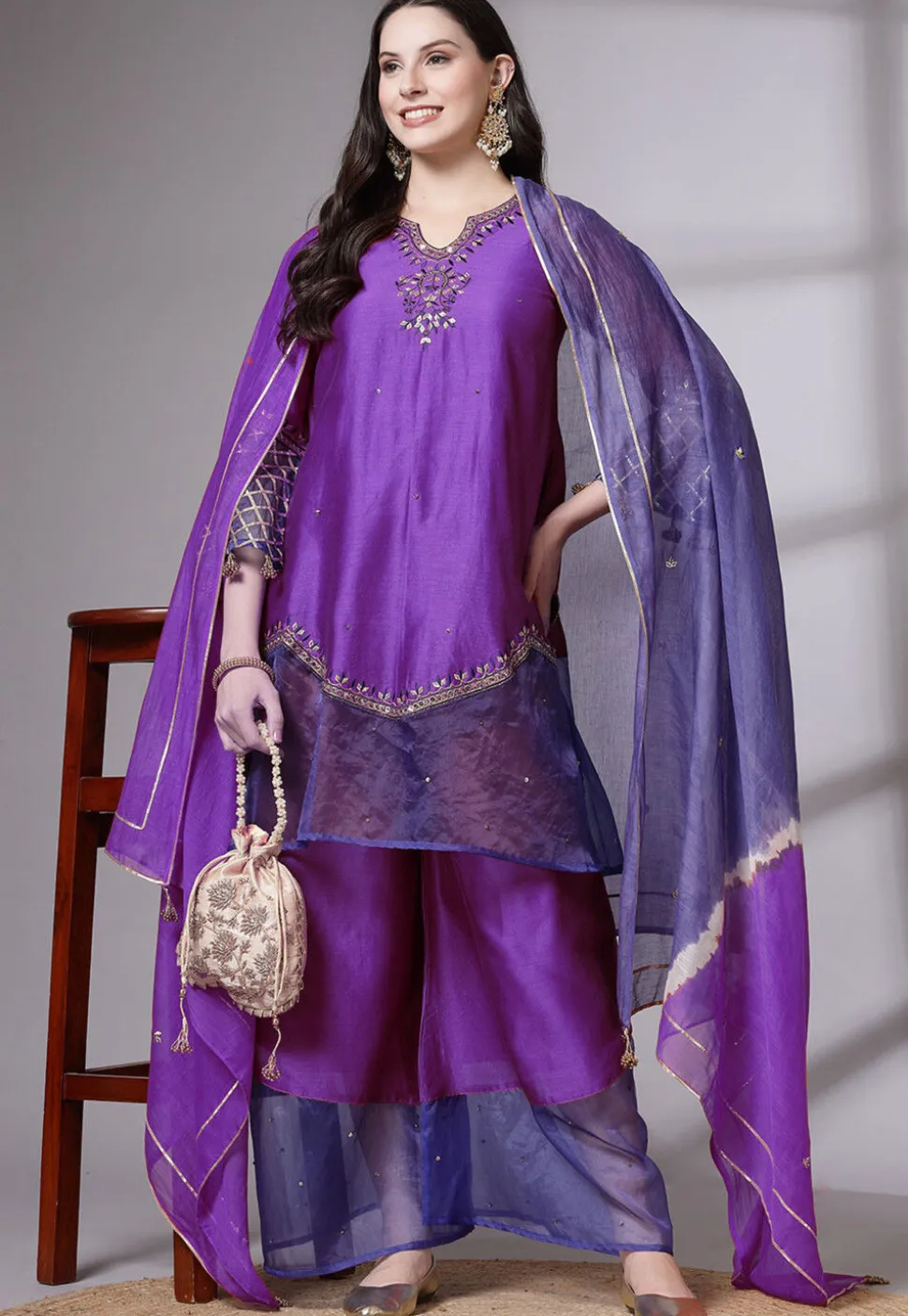 Embroidered Chanderi Cotton and Organza Pakistani Suit in Purple