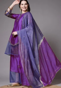Embroidered Chanderi Cotton and Organza Pakistani Suit in Purple