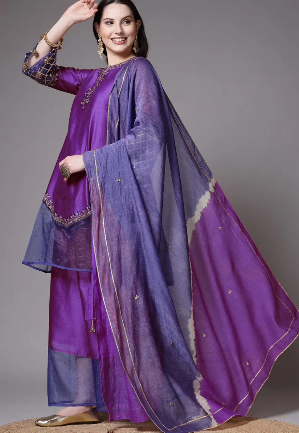 Embroidered Chanderi Cotton and Organza Pakistani Suit in Purple