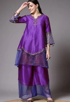 Embroidered Chanderi Cotton and Organza Pakistani Suit in Purple