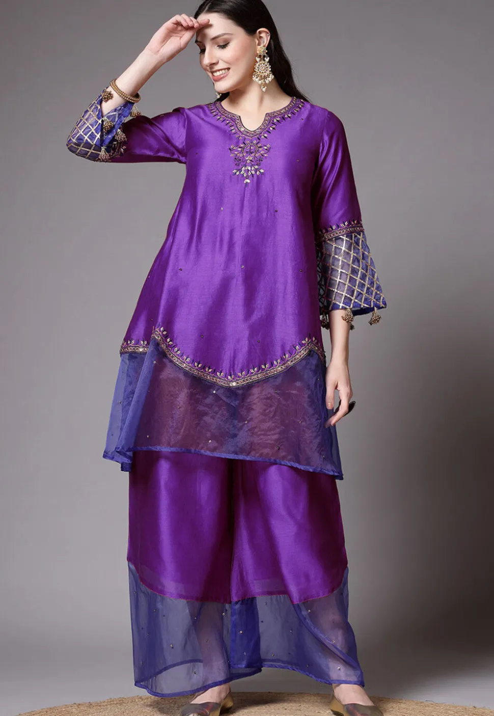 Embroidered Chanderi Cotton and Organza Pakistani Suit in Purple