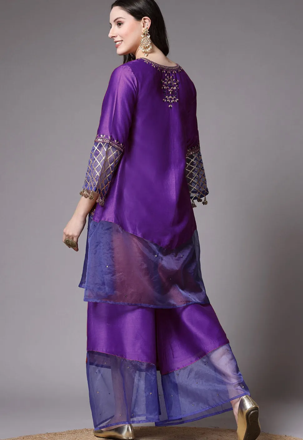 Embroidered Chanderi Cotton and Organza Pakistani Suit in Purple