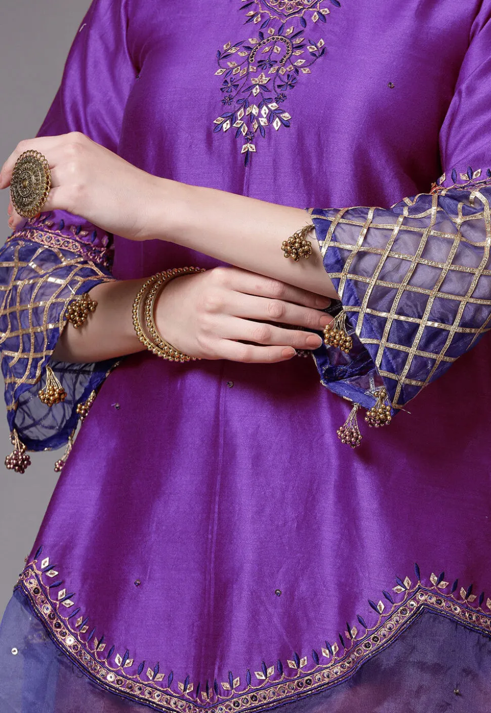 Embroidered Chanderi Cotton and Organza Pakistani Suit in Purple