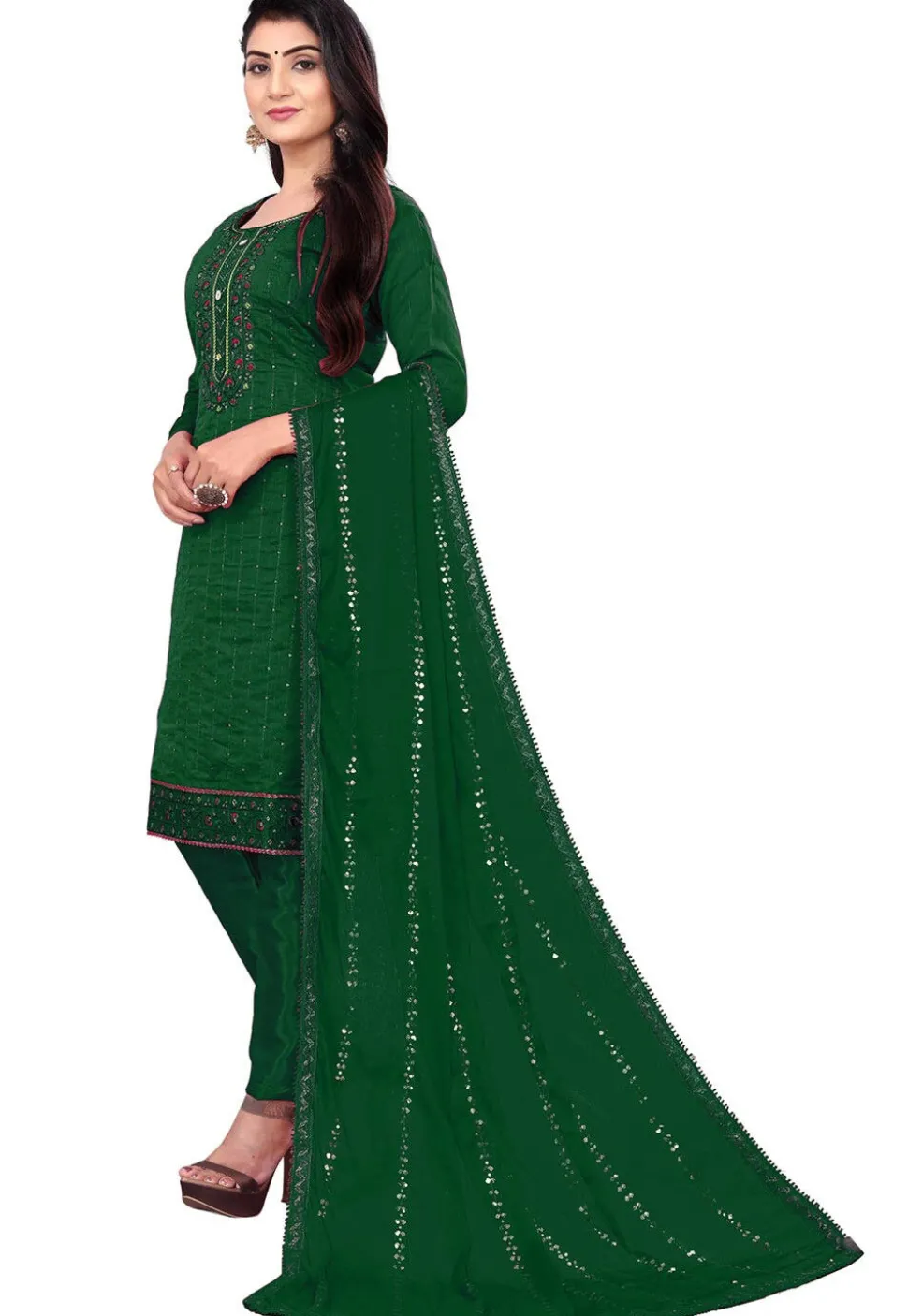Embroidered Chanderi Cotton Pakistani Suit in Green
