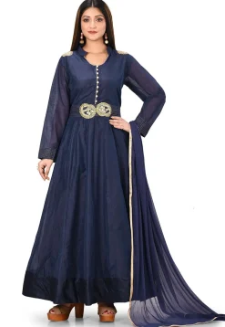 Embroidered Chanderi Cotton Abaya Style Suit in Navy Blue
