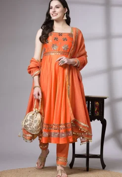 Embroidered Chanderi Cotton Anarkali Suit in Orange