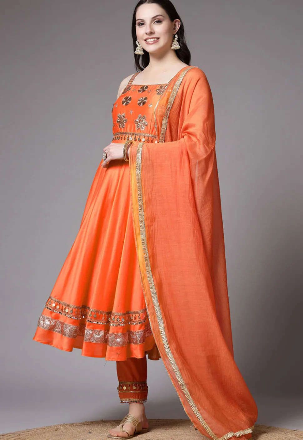 Embroidered Chanderi Cotton Anarkali Suit in Orange