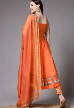 Embroidered Chanderi Cotton Anarkali Suit in Orange