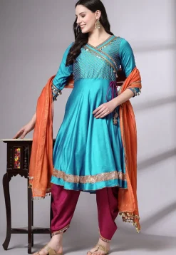 Embroidered Chanderi Cotton Aline Suit in Sky Blue
