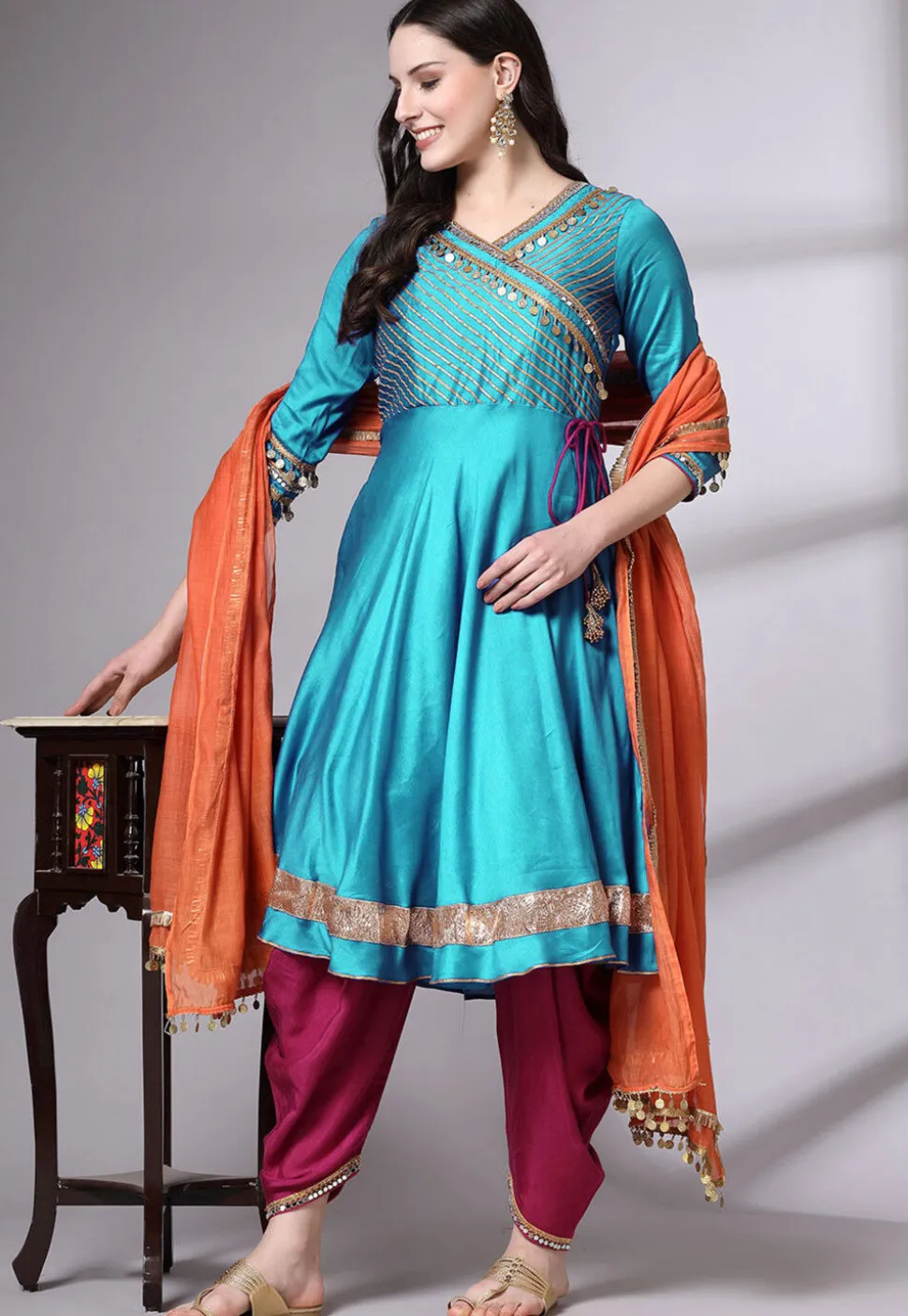 Embroidered Chanderi Cotton Aline Suit in Sky Blue