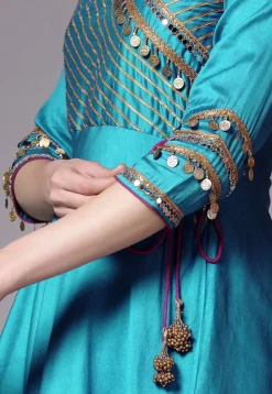 Embroidered Chanderi Cotton Aline Suit in Sky Blue