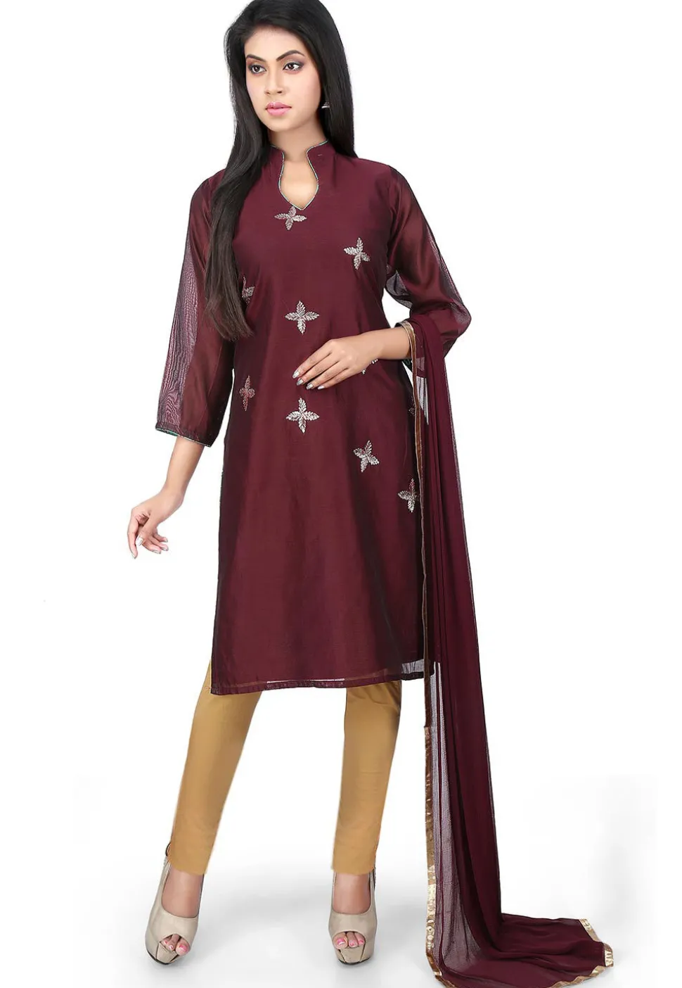 Embroidered Chanderi Cotton Straight Suit in Brown